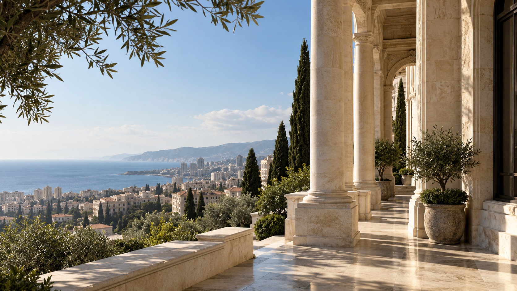 Mediterranean stone architecture overlooking the city and coastline